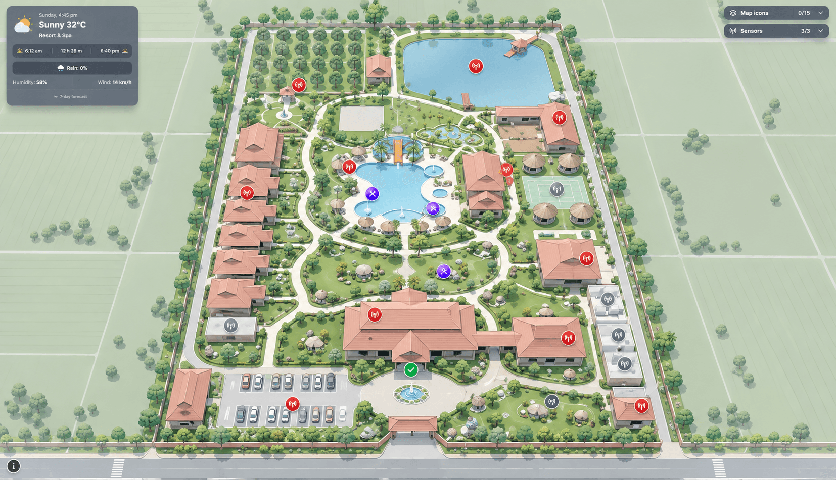 Resort site map showing guest wings, pools, courts and live sensor markers